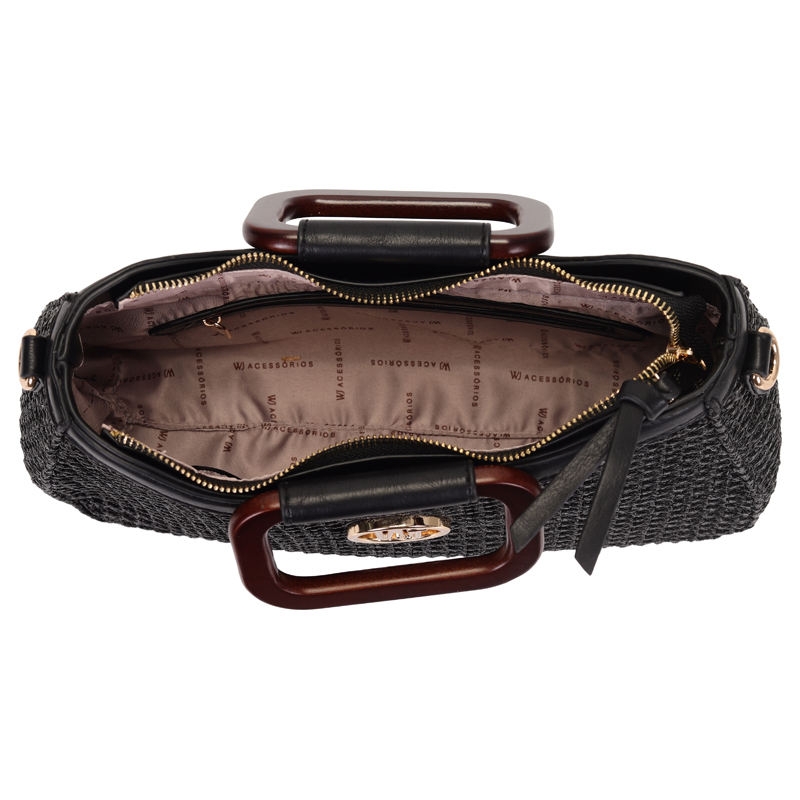 Bolsa Satchel Grande Palha Estruturada Com Alça De Madeira