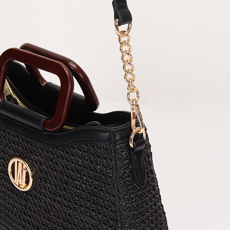 Bolsa Satchel Grande Palha Estruturada Com Alça De Madeira