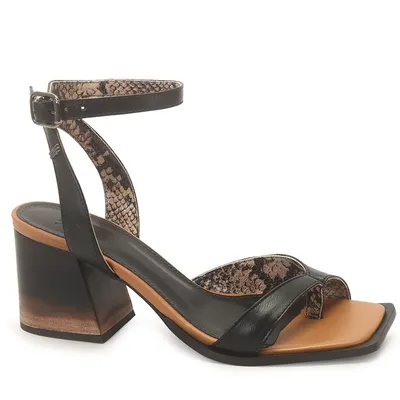 Sandalia Media Couro Dedo Detalhe Cobra Salto Bloco 7cm