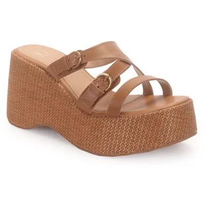 Tamanco Anabela Couro Com Tiras E Fivela 8,5cm