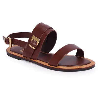 Sandalia Rasteira Couro Tiras Com Fivela