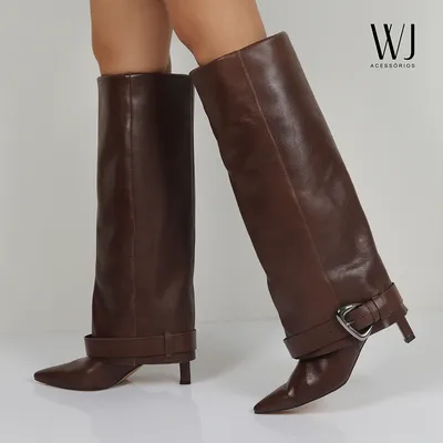 Bota Cano Longo Couro Gola Com Fivela 7,5cm