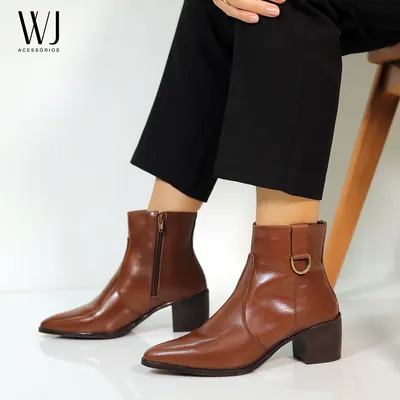 Bota Cano Curto Couro Com Metal 6cm