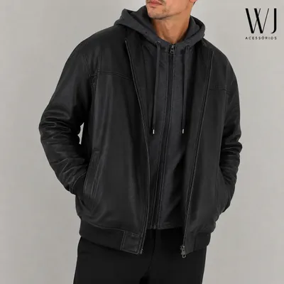 Jaqueta Couro Masculina Com Capuz