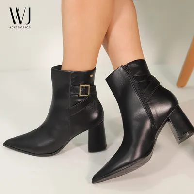 Bota Cano Curto Couro Tiras Com Fivela 7cm