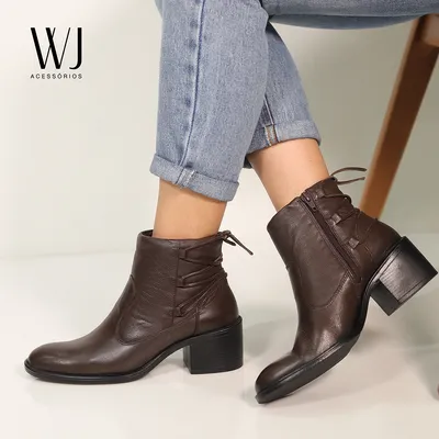 Bota Cano Curto Couro Amarraçao 4cm