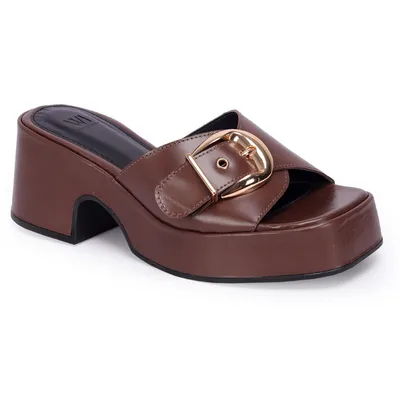 Tamanco Medio Plataforma Couro Fivela 7cm