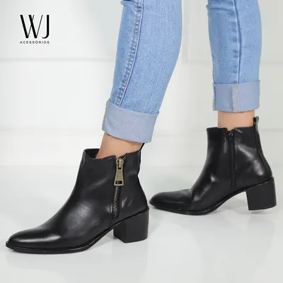 Bota Cano Curto Couro Ziper 7cm