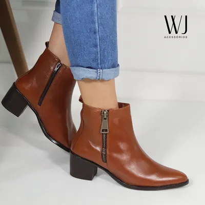 Bota Cano Curto Couro Ziper 7cm