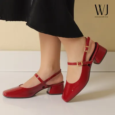 Slingback Verniz Tiras Com Fivela Wj 4,5cm