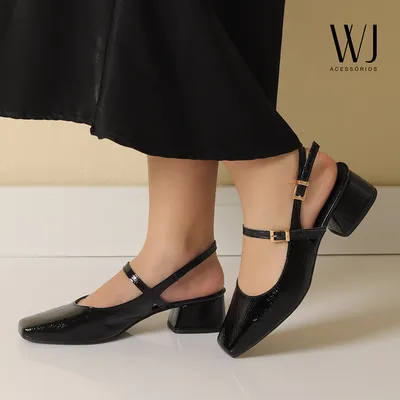 Slingback Verniz Tiras Com Fivela Wj 4,5cm