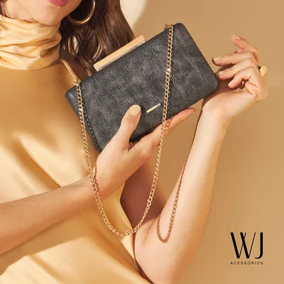 Clutch Media Com Fecho Madeira E Alca Longa Corrente