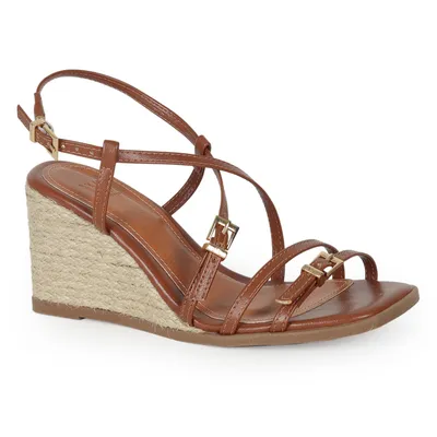 Sandalia Anabela Couro Salto Corda Tiras Com Fivela Wj 7,5cm